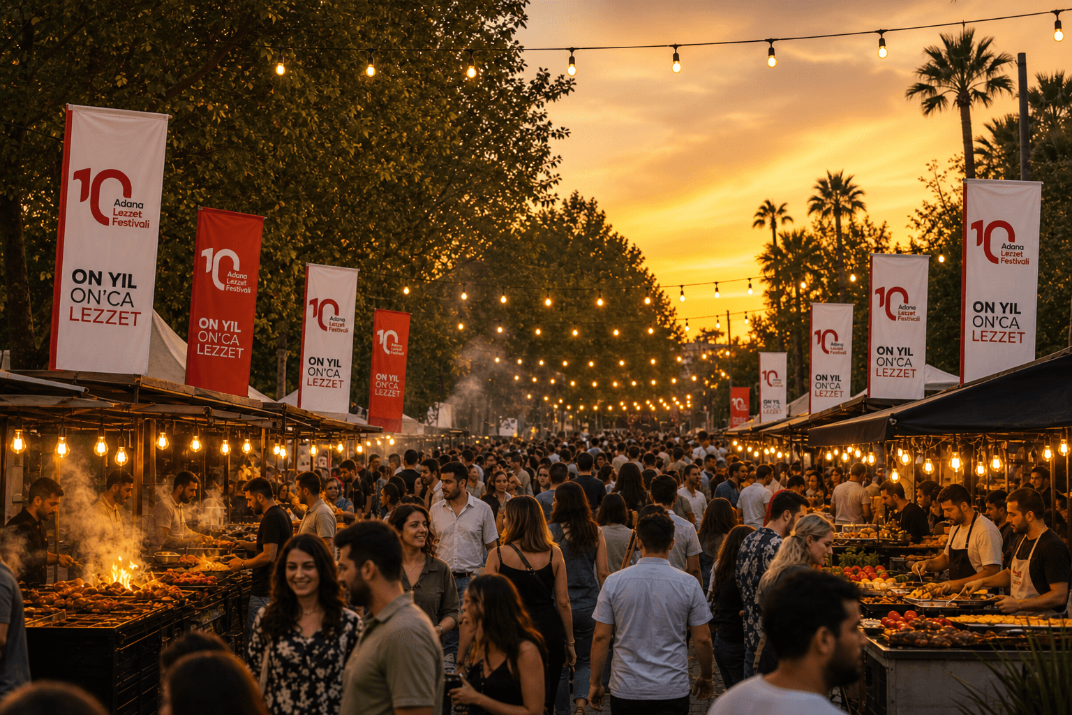 Gün batımında ışıklarla dolu, kalabalık Adana Lezzet Festivali alanı