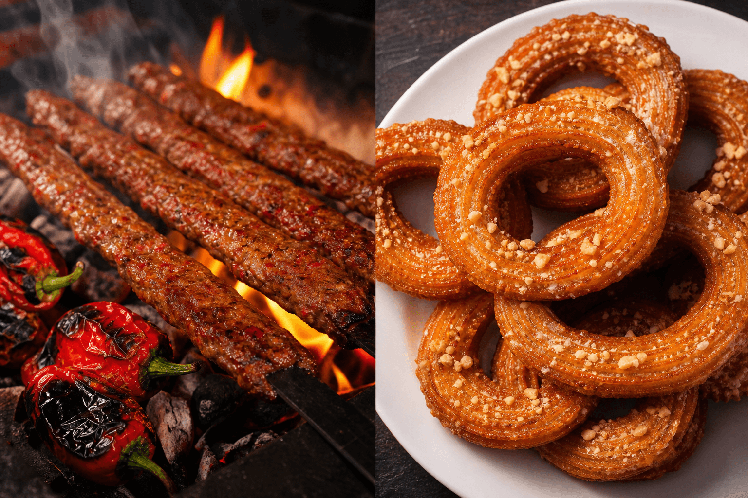 Adana kebap ve Adana usulü halka tatlısı — çıtır halkalar, cevizli